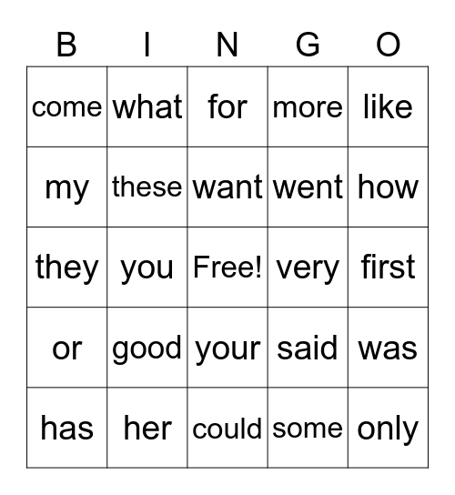 sight words Bingo Card