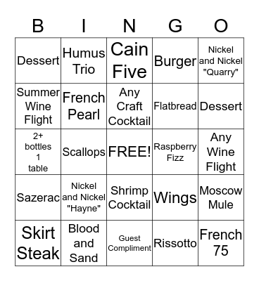 Wine Bar  Bingo Card