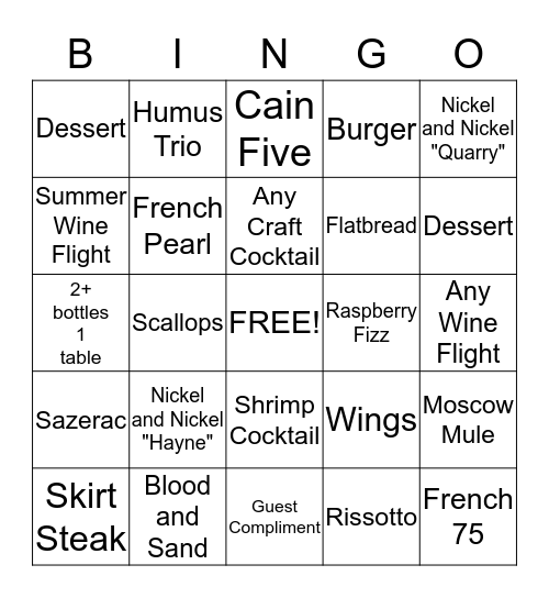 Wine Bar  Bingo Card