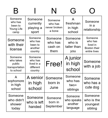 YOUNG LIFE BOSTON BINGO Card