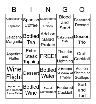 Dinner Bingo Card