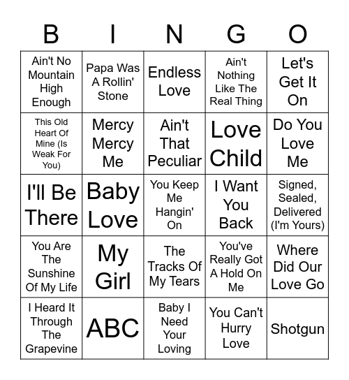 Motown Hits Bingo Card