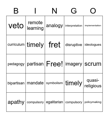 Education Unit Vocab Bingo Card