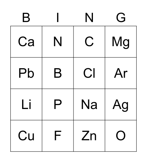 Elements of Periodic Table Bingo Card