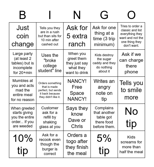 Dbag Bingo Card