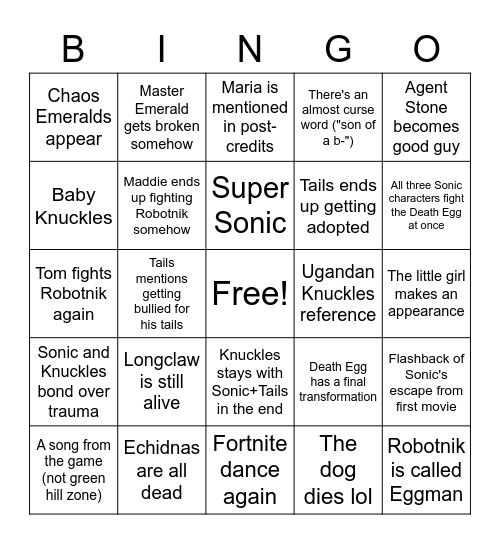 Sonic Movie 2 Bingo Card