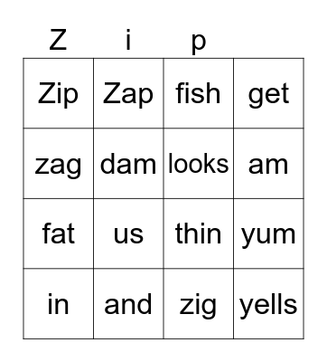 Zip and Zap Bingo Card