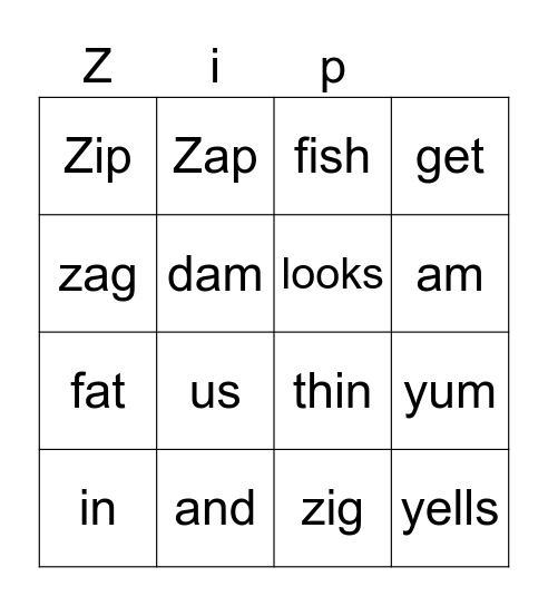 Zip and Zap Bingo Card