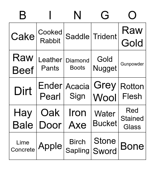 Minecraft Item Hunt Bingo Card