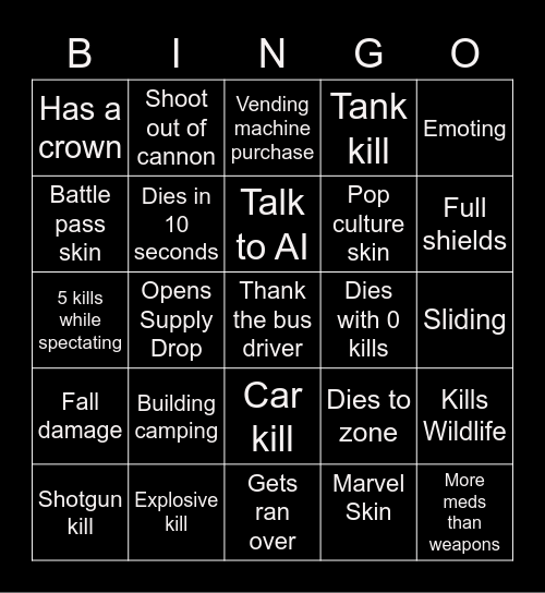 Fortnite Zero Build Bingo Card