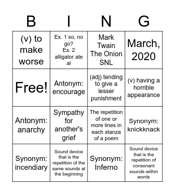 HonHum Vocab List #15 Bingo Card