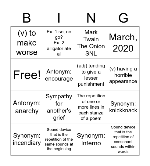 HonHum Vocab List #15 Bingo Card