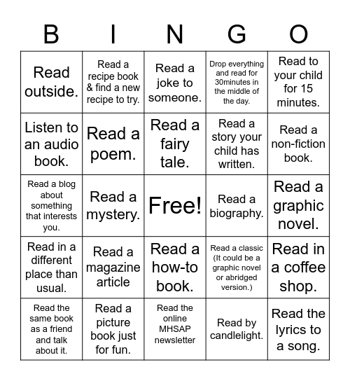 Parent Library Bingo Card