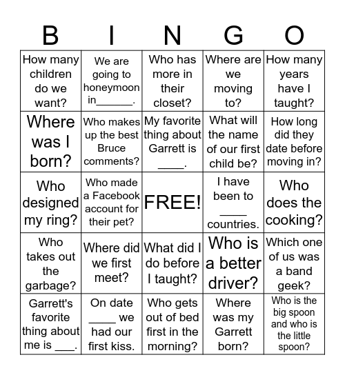 Bridal Shower Bingo Card