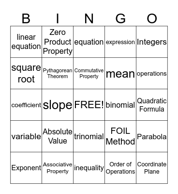 Math Terms Bingo Card
