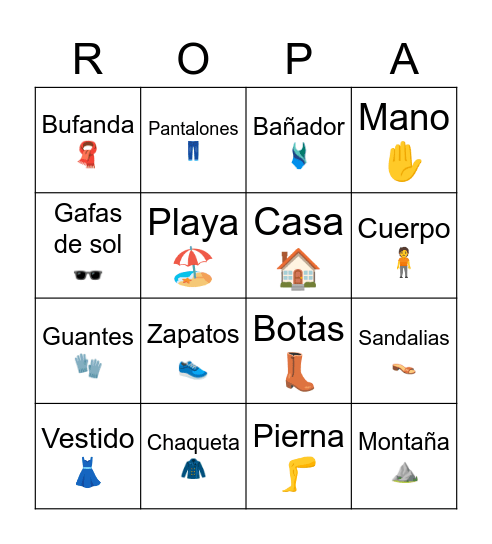 La ropa, el cuerpo, y los lugares Bingo Card