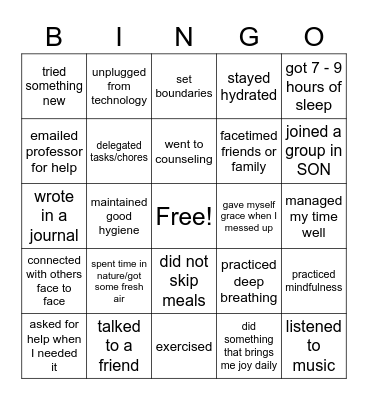 self care bingo Card