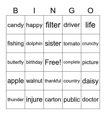 Multi-syllable Words Bingo Card
