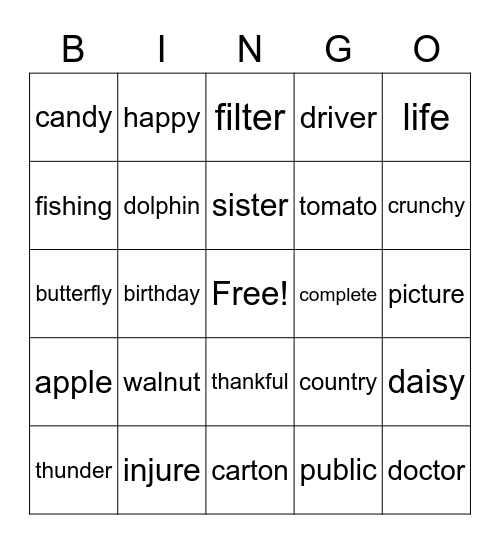 Multi-syllable Words Bingo Card