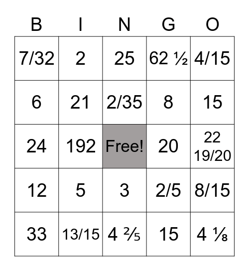 Multiplying by Fractions Review Bingo Card