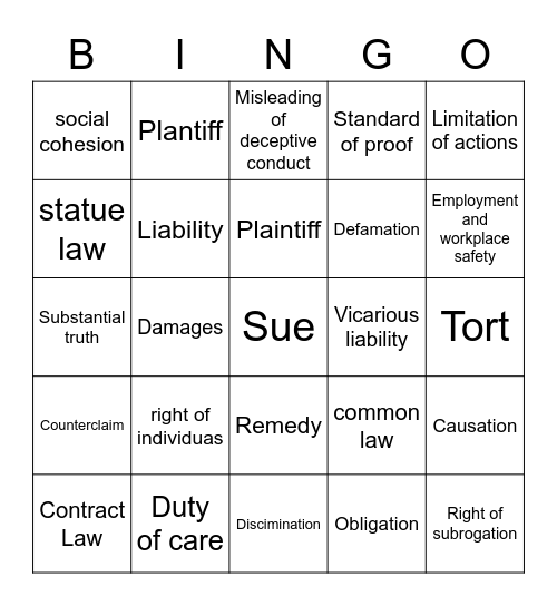 Civil Law Bingo Card