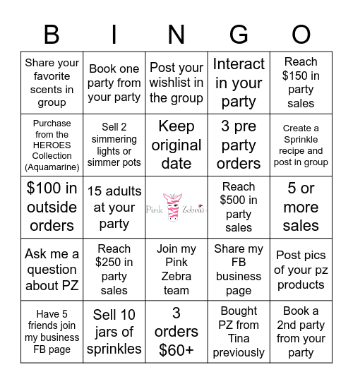 Pink Zebra Host Party Bingo Card