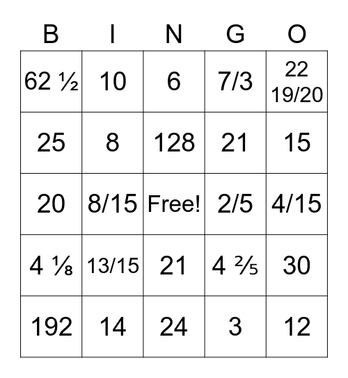 Multiplication and Division with Fractions Bingo Card