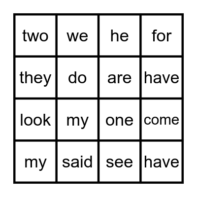 Heart Words Bingo Card