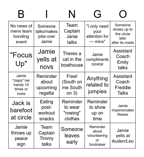 Rowing Circle Bingo Card