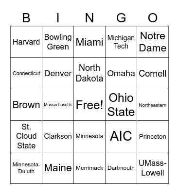 College Hockey Jersey Bingo Card