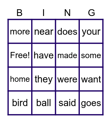 Four -letter Sight Words Bingo Card