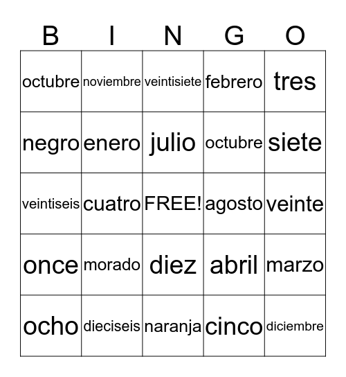 Colors, Numbers and Months Bingo Card