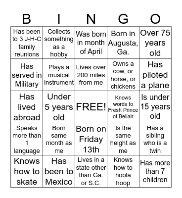 Jones-Hankinson-Carpenter Family Reunion Bingo Card