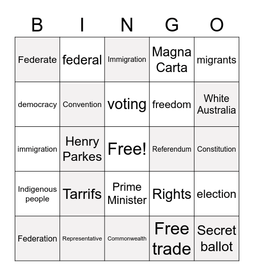 Federation - find definitions for all grey squares Bingo Card