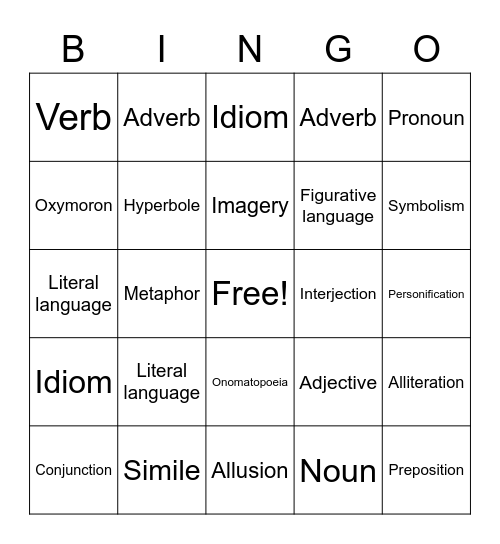 Literary Terms Bingo Card