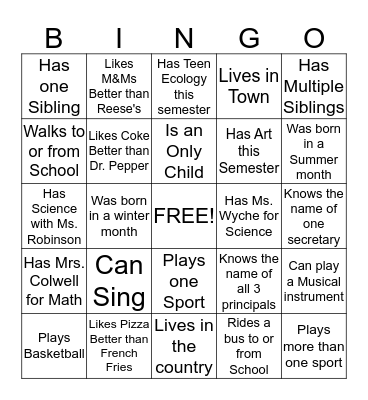 Getting to know my classmates Bingo Card