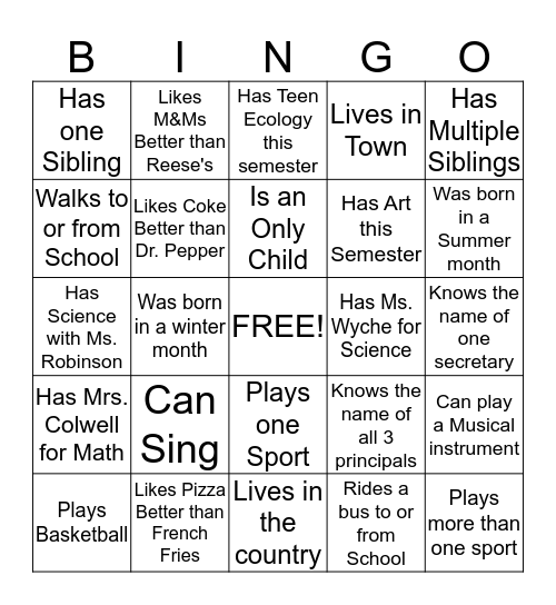 Getting to know my classmates Bingo Card