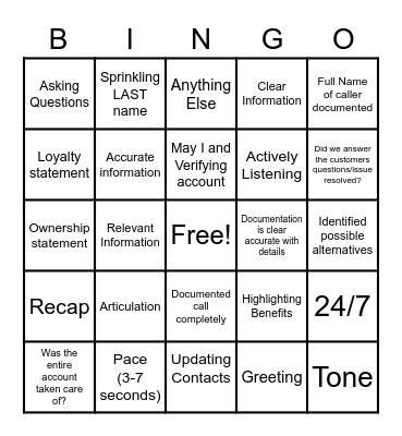 Customer Service Bingo Card