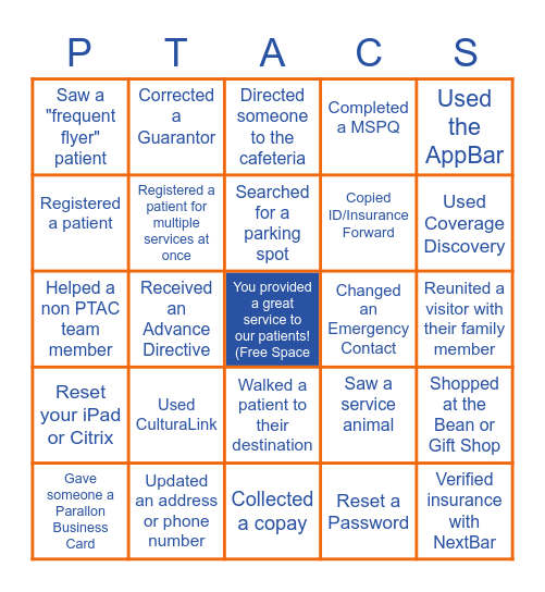 Patient Access Bingo (PTACS) Bingo Card