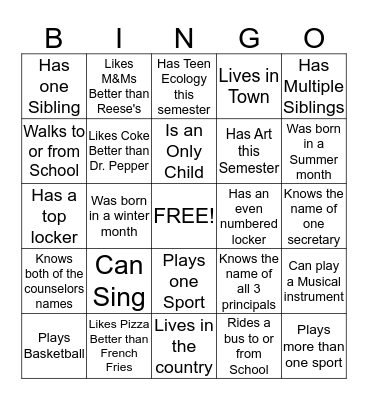 Getting to know my classmates Bingo Card