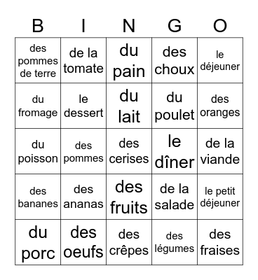 La Nourriture Bingo Card