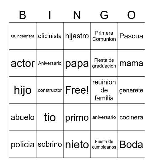 La Familia Bingo Card