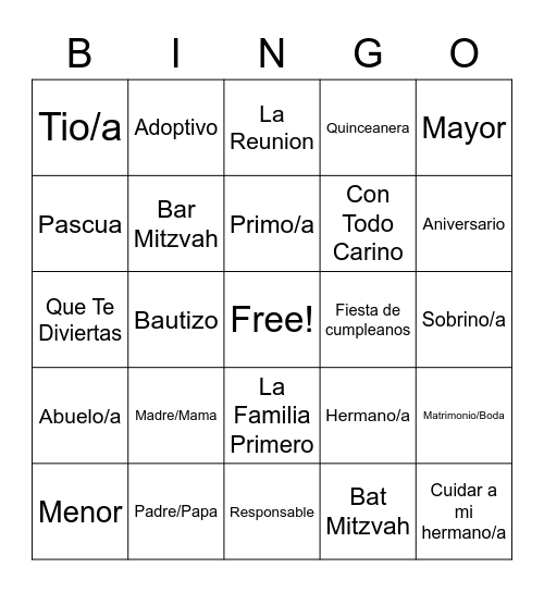 La Familia Bingo Card