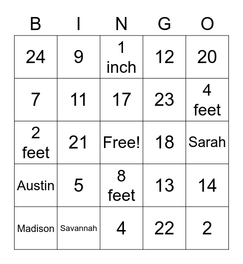 Measurements Bingo Card