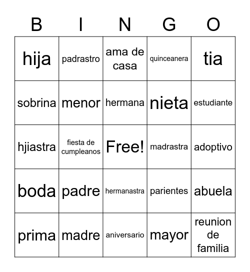 la familia Bingo Card