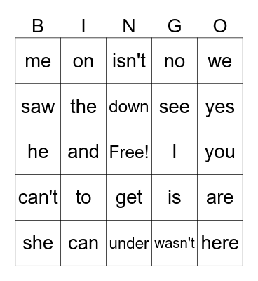 Sight Words Bingo Card