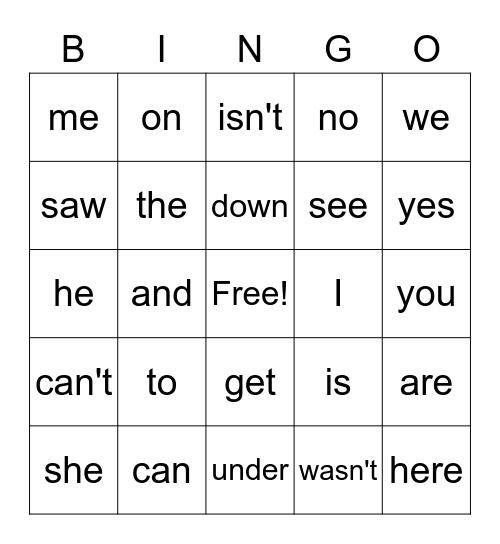 Sight Words Bingo Card
