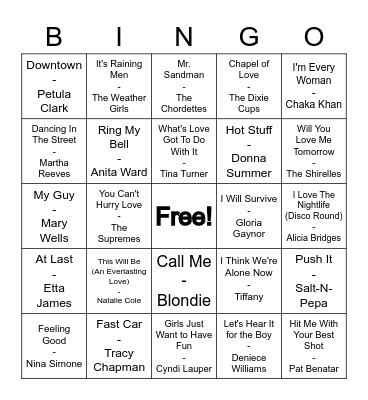 Women in Music - 50's to the 80's Bingo Card