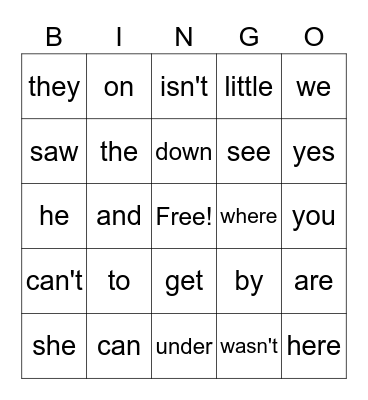 Sight Words Bingo Card