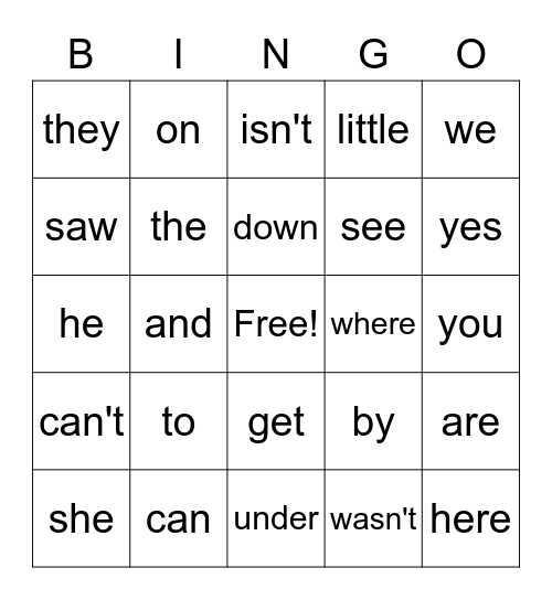 Sight Words Bingo Card